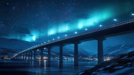 A serene night scene of a bridge illuminated under the northern lights.