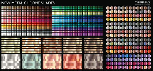 Metallic gold, silver, bronze colorful palette set. Metal gradient. Metallic collection. Color collection. Steel, iron, aluminium, tin. Holographic background. Chrome texture. Chromium polish effect.