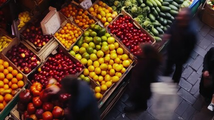 Colorful fruit market with people shopping.