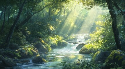 Serene forest stream with sunlight filtering through.