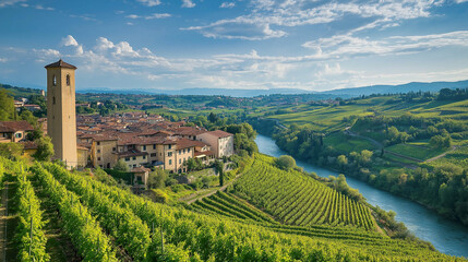 Naklejka premium Weinberge und malerische Stadt am Fluss in sonniger Landschaft