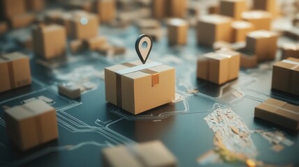 A digital map featuring packages and a location pin, symbolizing logistics and delivery services in e-commerce.