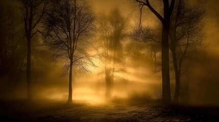 Fototapeta premium A night scene of a forest, shrouded in mist and mystery