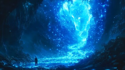 Fototapeta premium Diver surrounded by glowing blue hues in an underwater sanctuary