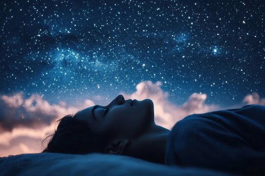 A person drifting into slumber under a sky full of stars