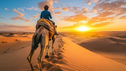 Camel rider at sunset in the desert landscape.
