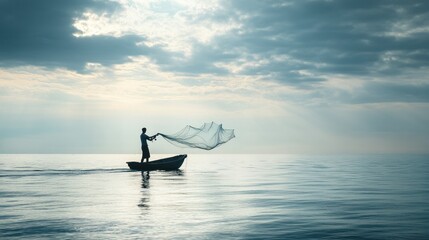 Fisherman casting a net on tranquil waters.