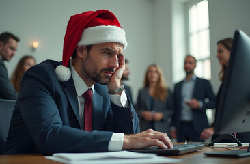 Tired man in Santa hat working at computer in office during Christmas party
