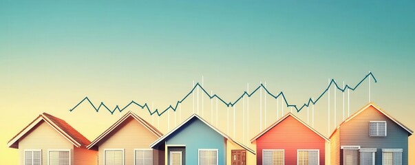 Colorful houses represent a thriving real estate market with upward trends in statistics, symbolizing growth and investment.