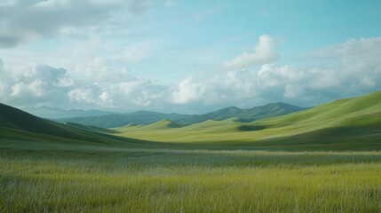 Fototapeta premium Serene green hills under a blue sky.