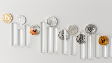A modern image featuring cryptocurrency coins, including Bitcoin, Ethereum, and others, placed atop transparent vertical bars. The futuristic arrangement emphasizes the rise of digital currencies in