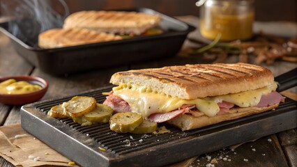 Pressed Cuban Sandwich on Grill with Crispy Bread