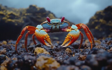 A transparent deep-sea crab explores the rocky ocean floor, showcasing its vibrant colors