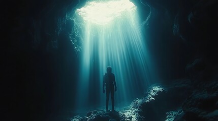 Fototapeta premium Diver in a secluded underwater cave with beams of sunlight