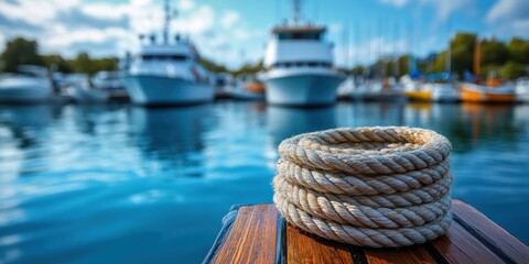 Fototapeta premium A coil of rope sits on a wooden dock as boats are anchored in the tranquil marina waters
