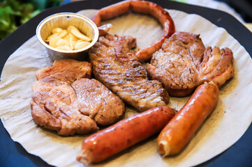Korean barbecue. pork and sausage