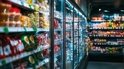 Naklejka premium Supermarket aisle with colorful packaged products