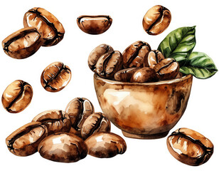 Fototapeta premium Fresh coffee beans spilling from a bowl with green leaves on a white background for a vibrant coffee-themed display