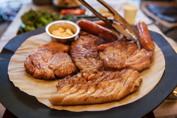 Korean barbecue. pork and sausage
