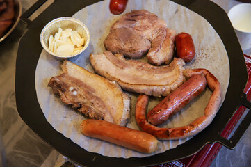 Korean barbecue. pork and sausage