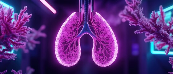 Pink lungs model with virus particles in neon light. Respiratory medicine visualization
