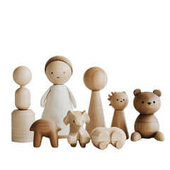 Obraz premium A assorted Wooden Children's Toys with Natural Finish Isolated PNG format Background. Generative AI 