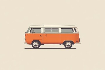 Classic orange van parked on a neutral background in a minimalist style