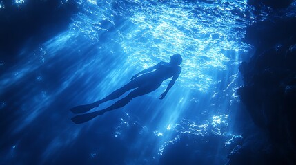 Fototapeta premium Tranquil underwater moment with a diver in glowing blue light