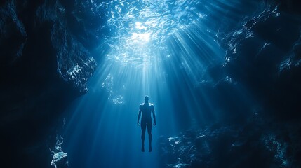 Diver illuminated by natural light in a vibrant blue grotto