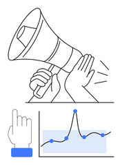 Megaphone hand gestures graph index finger pointing blue accents. Ideal for communication, data, analytics, marketing, influence, strategy, and presentations. Line metaphor