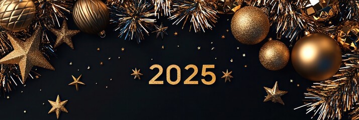 Sophisticated holiday banner with a black backdrop and a lavish display of gold tinsel, ornaments, and star motifs arranged in a modern