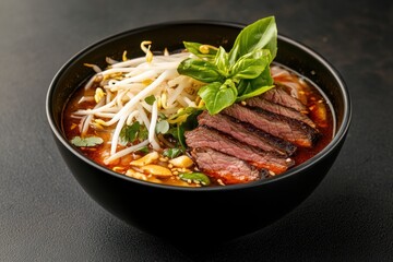 vietnamese cuisine, savor a bowl of pho bo soup, beef slices, bean sprouts, and basil leaves atop a rustic tabletop for a delightful meal