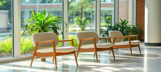 Obraz premium Comfortable waiting room chairs by window in modern building