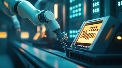 robotic arm interacts with a control panel in a futuristic industrial setting.