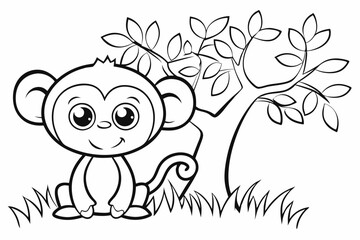 cute Monkey, some grass and a tree, coloring book
