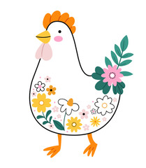 Cute chicken in Scandinavian style decorated with flowers. Idea for print, poster or stationery. Cute animal print.