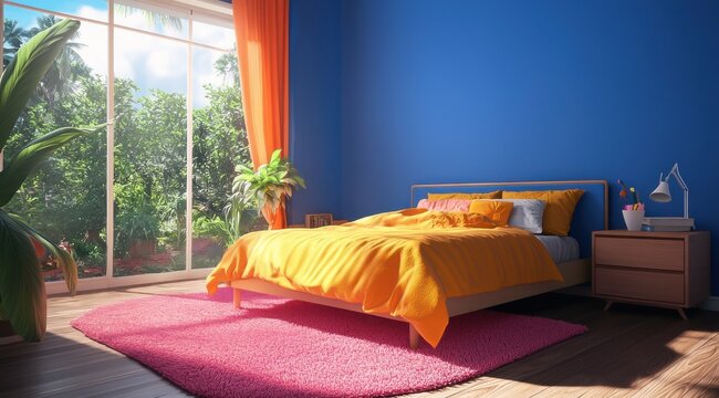 Une chambre d'adolescent lumineuse et color&eacute;e avec des murs bleus et un parquet en bois, un tapis rose recouvrant le sol.