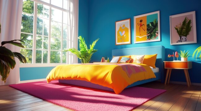 Une chambre d'adolescent lumineuse et color&eacute;e avec des plantes vertes, des murs bleus et un parquet en bois, un tapis rose recouvrant le sol.