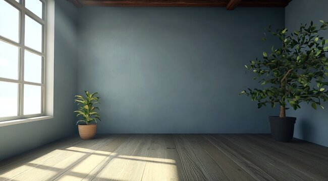 Une pi&egrave;ce vide avec un plancher en bois, un mur gris, une fen&ecirc;tre et des plantes vertes, image avec espace pour texte.