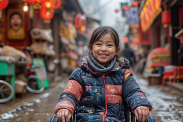 Fototapeta premium Cheerful Asian girl in wheelchair wearing colorful winter jacket smiling on traditional street with red lanterns, inclusive lifestyle portrait