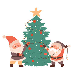 Two cheerful gnomes decorate the Christmas tree with a garland. Festive atmosphere. Festive colors.