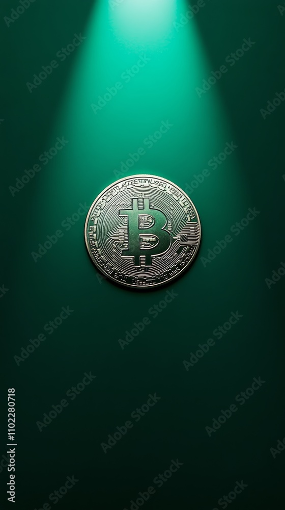 Poster Silver bitcoin standing on a green background illuminated by a spotlight creating a mysterious and intriguing atmosphere related to cryptocurrency and finance