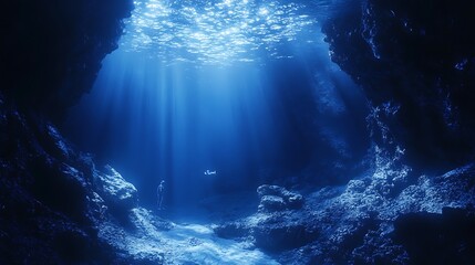 Diver in a secluded underwater grotto with natural blue light