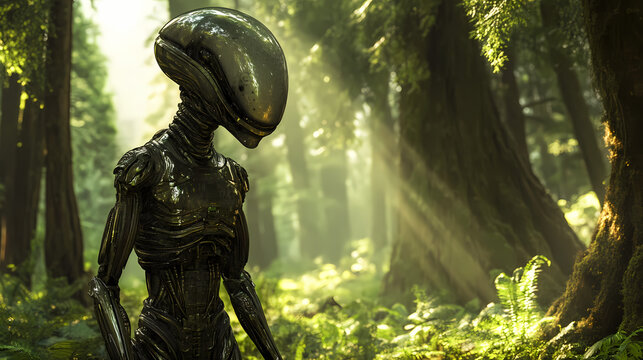 The image shows an alien exploring a lush green forest with trees towering above him, all created with stock artificial intelligence. Alien. Illustration