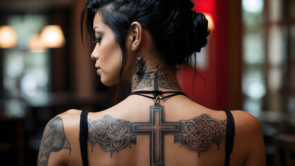 A tattoo of a Christian cross on a girl's back