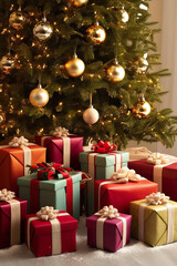 Many Christmas presents under the Christmas tree, indoors, warm atmosphere, festive decoration	