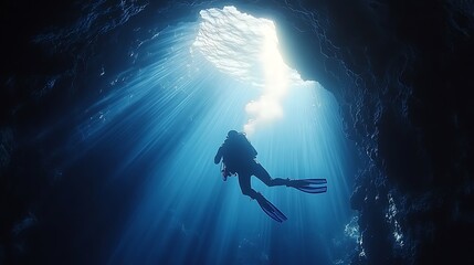 Scuba diver swimming through a sunlit blue underwater cavern