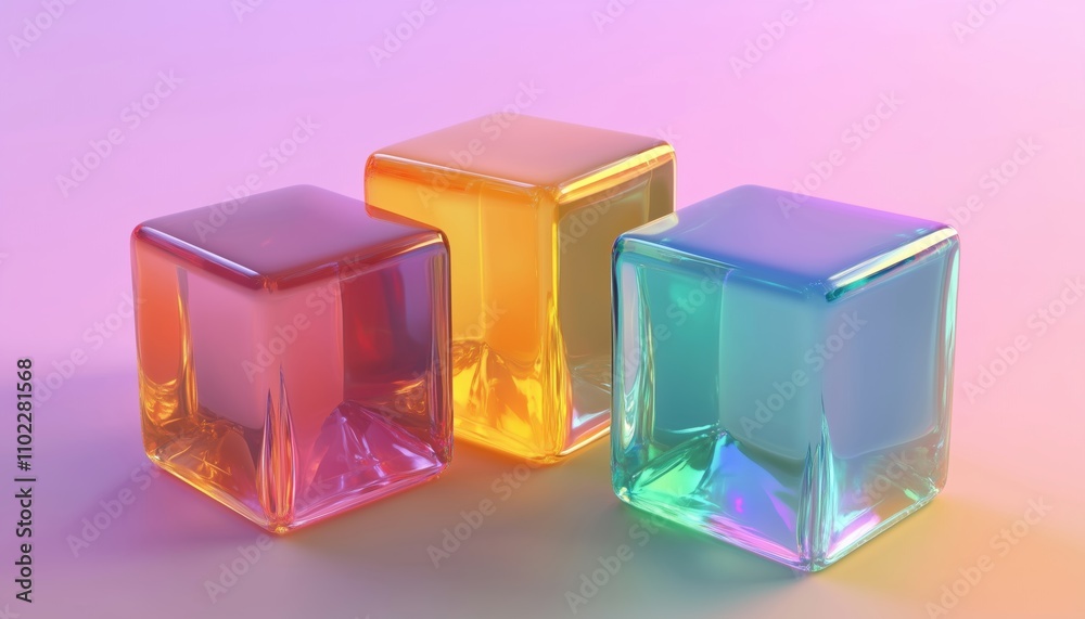 Poster 3d rendering of translucent gradient cubes and materials in a digital computerized environment. a vi