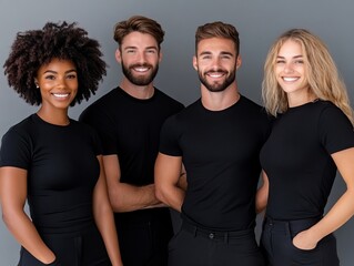 A group of four people in black shirts posing for a picture