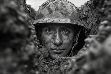 Young soldier with intense gaze in muddy trench, wearing military helmet, dramatic black and white portrait showing determination and grit during warfare